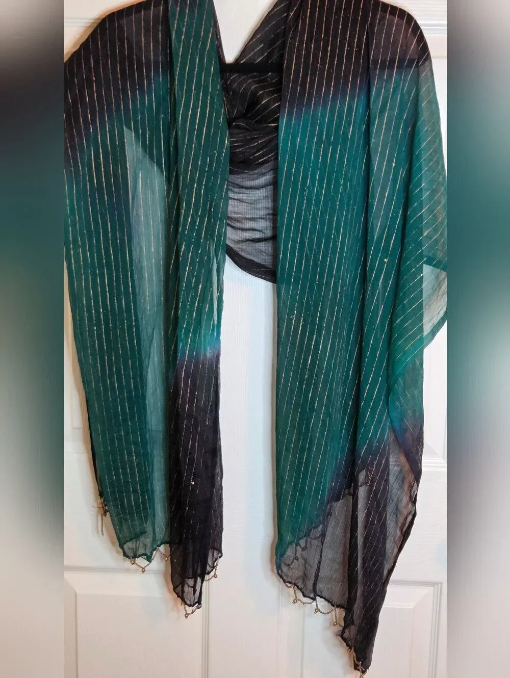 Unbranded Green and Black Sheer Boho Showl Scarf Metallic Pinstripes 32